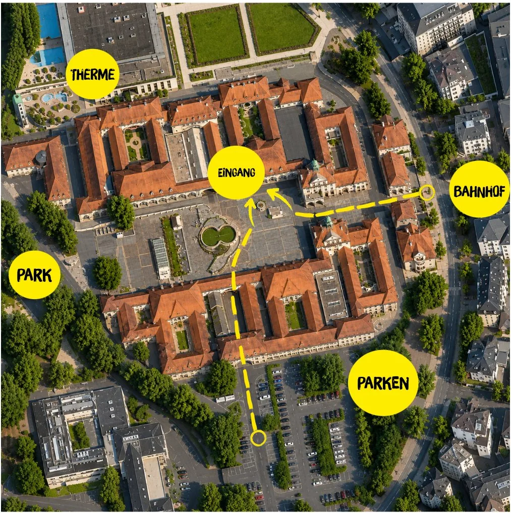 Karte des Sprudelhofs mit Eingang, Parken, Bahnhof und Therme